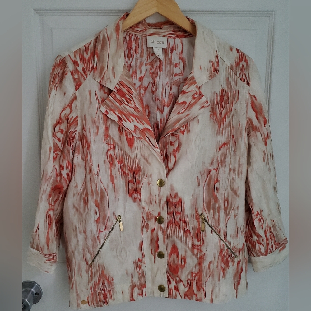 Chico's Size 2/Large 100% Linen 3/4 Sleeve Slightly Cropped Jacket/Blazer